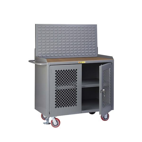 Mobile Bench, 36"W, 2 Perf Doors, Center Shelf, Louvered, Hardboard